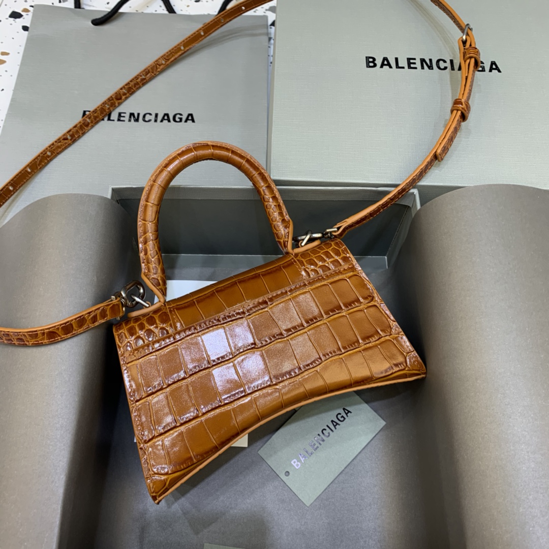 Balenciaga Hourglass XS Handbag Crocodile Embossed Shoulder Bag Brown